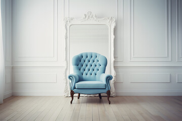 loft and vintage interior of living room, Blue armchairs on white flooring and blue wall ,3d rendering.