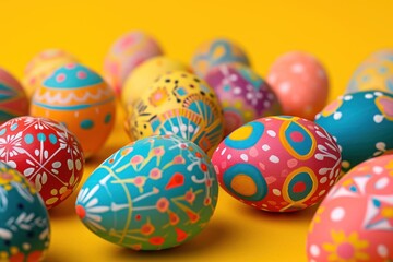Fototapeta na wymiar Colorful Easter eggs on yellow background, close-up, selective focus