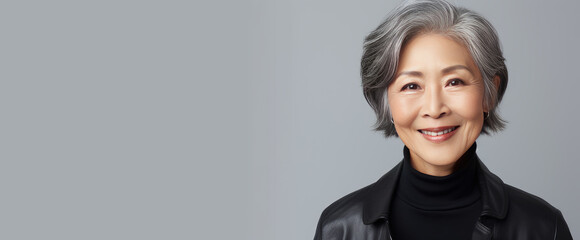 Elegant, smiling, elderly, chic Asian woman with gray hair and perfect skin on a gray background banner.