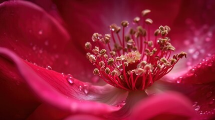  a close up of a pink flower with drops of water on it's petals and the center of the flower.
