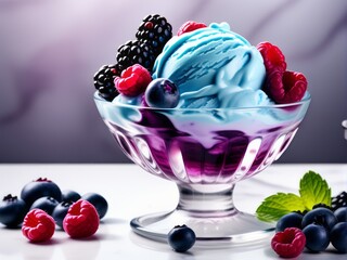 blueberry ice cream in glass with some berries and purple syrup - obrazy, fototapety, plakaty