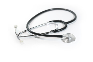 Stethoscope on a white background, medical diagnostic device for auscultation, or listening to internal body sounds, health care concept, copy space