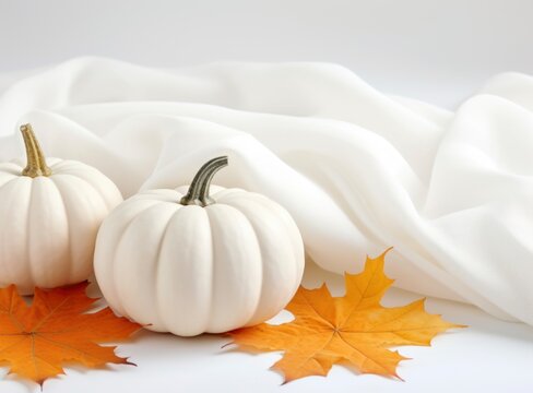 White pumpkin, dry maple leaves and white cloth on isolated white background. thanksgiving and autumn theme, minimalist design