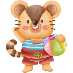 Watercolor painting of cartoon striped tail mouse holding a beach ball during summer vacation.