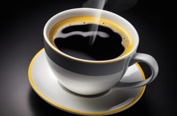 Close up black hot coffee cup .dark scene. white mug