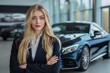 Fototapeta na wymiar beautiful blonde businesswoman sales manager standing with crossed arms in car showroom