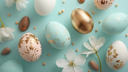  a group of eggs sitting next to each other on top of a blue surface with gold leaf designs on them.