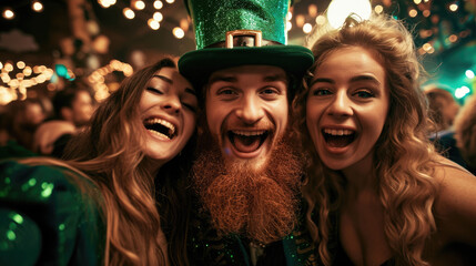 A guy and two girls laughing in St Patrick's hats, a fun party on a lucky day - obrazy, fototapety, plakaty