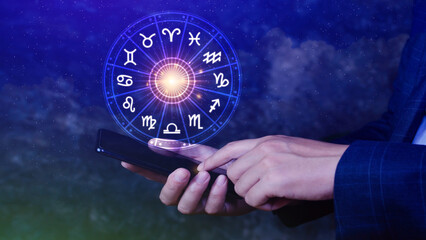 Concept of astrology and horoscope, person inside a zodiac sign wheel, Astrological zodiac signs...