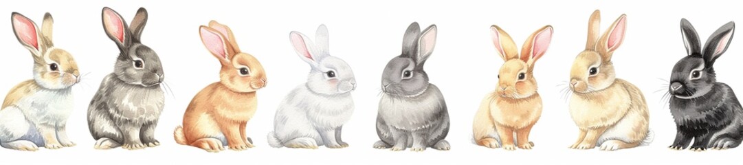 Cute fluffy Easter bunnies and Easter eggs on a white plain background. Illustration, drawing, banner with place for text, empty space
