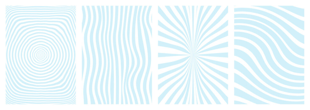 Retro twisted and distorted vector groovy hippie background set. Waves, swirl, stripe, ray and twirl pattern. Vintage set of backgrounds in trendy retro psychedelic style. Vector illustration