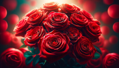 A stunning photograph showcasing a vibrant bouquet of red roses in full bloom, perfect for Valentine's Day social ads. AI Generated.