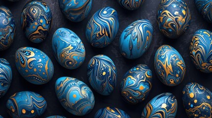 Fototapeta na wymiar a bunch of blue and gold marbled eggs with gold swirls and swirls on the inside of them.