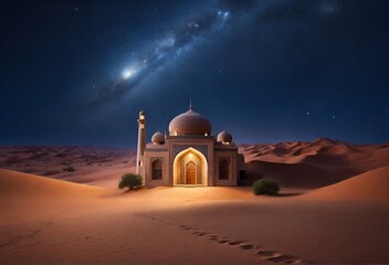 Mosque in a ramadan gorgeous night sky at the desert. Beautiful Masjid with a Ramadan crescent moon in the sky - obrazy, fototapety, plakaty