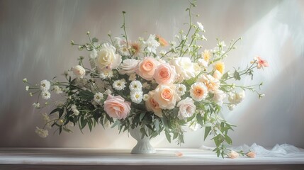  a vase filled with lots of white and pink flowers on top of a window sill next to a curtain.