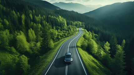 EV (Electric Vehicle) electric car is driving on a winding road that runs through a verdant forest...