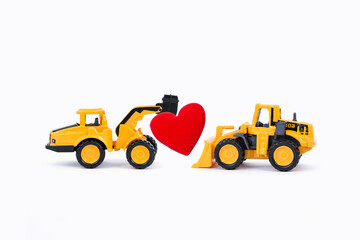 Two yellow truck with red heart isolate on white background, love and romance concept, valentine card background idea