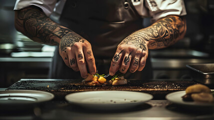 A chef with tattooed arms preparing a dish in his kitchen