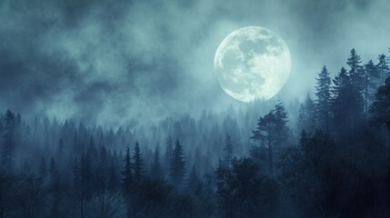  a dark forest with a full moon in the sky and trees in the foreground, and dark clouds in the background.