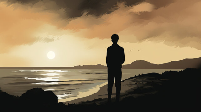 artwork of silhouette of man at a beach during sunset. generative ai.