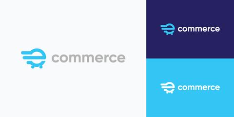 Moving letter e shopping cart vector logo design.