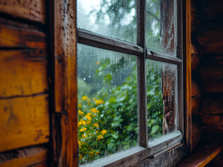 Raindrops speckle a windowpane overlooking a green garden from a rustic wooden cottage.