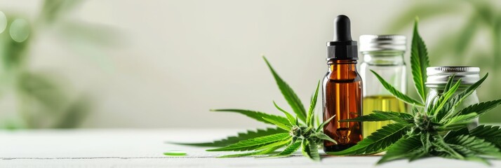 CBD bottle containing cannabidiol oil, green cannabis leaves, light background, copy space, alternative medicine