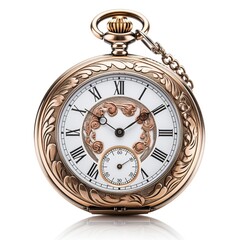 A vintage pocket watch with ornate engravings, isolated on a pristine white background