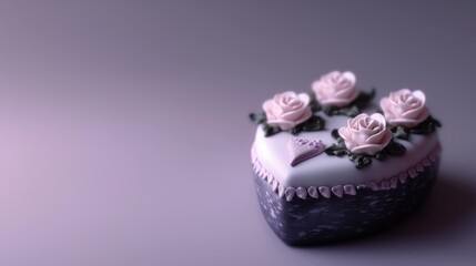  a close up of a heart shaped cake with frosting roses on the top and a bird on the bottom.
