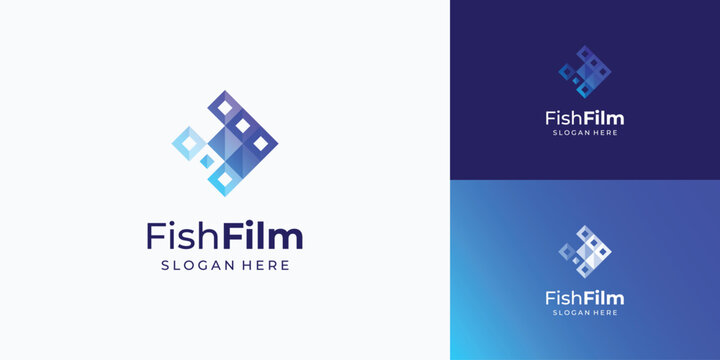 Vector logo design illustration of film tape with abstract fish shape.