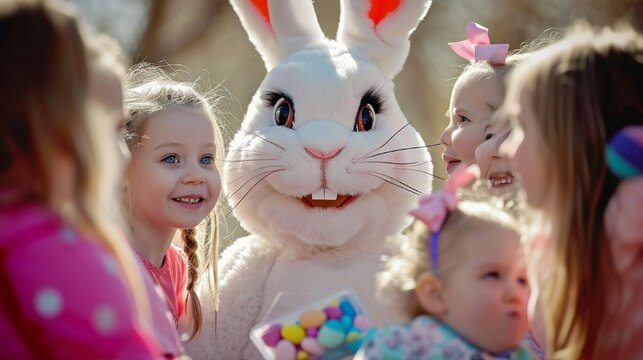 Kids gathered around an Easter bunny, eagerly waiting to take photos and receive festive treats