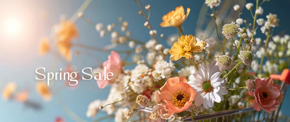 Poster Vibrant flowers bursting from a cart with Spring Sale sign on sunny blue background, banner for floral business seasonal marketing and garden center discounts promos. © salarko