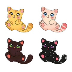 Little adorable kittens in anime style. Ginger, Pink, Chocolate and Dark.
