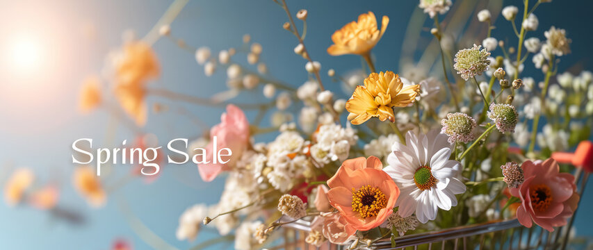 Vibrant flowers bursting from a cart with Spring Sale sign on sunny blue background, banner for floral business seasonal marketing and garden center discounts promos.
