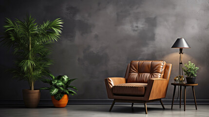 Style loft interior with brown leather armchair on dark cement wall. - obrazy, fototapety, plakaty