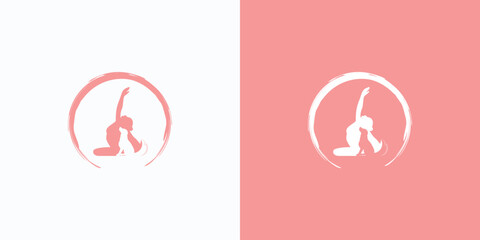Vector logo design illustration of woman in yoga pose with her pet dog. - obrazy, fototapety, plakaty