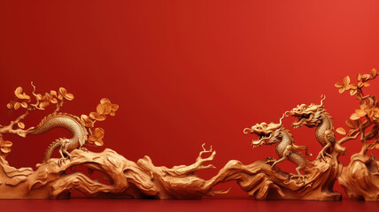 Golden Chinese wooden dragon statue in red background. Religion and culture of Chinese New Year 2024 concept.