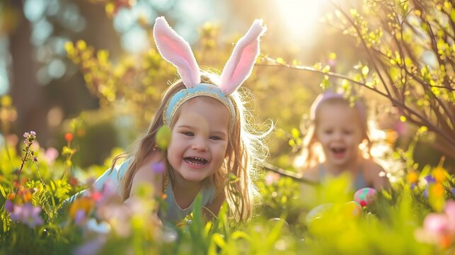 Children wearing adorable Easter bunny ears, gleefully participating in an egg hunt in a sunlit garden
