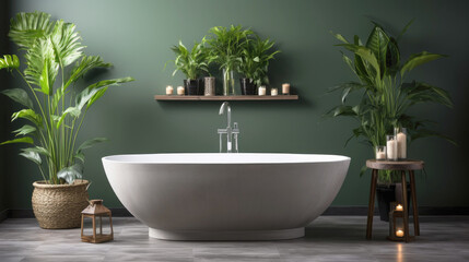 The interior of a modern bathroom in green shades with a round bathtub in the middle.