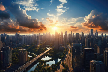 Aerial view in a cityscape at sunset, modern high-rise buildings, skyscrapers. Success, business concept. - obrazy, fototapety, plakaty