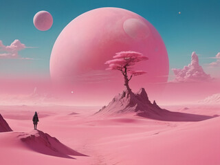 Obraz na płótnie Canvas A pink planet with a planet in the background ai image 