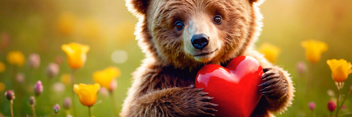 Brown Teddy Bear Holding Red Heart - Gift Of Love for Someone Special. An adorable brown teddy bear grasping a red heart-shaped symbol of love and affection.