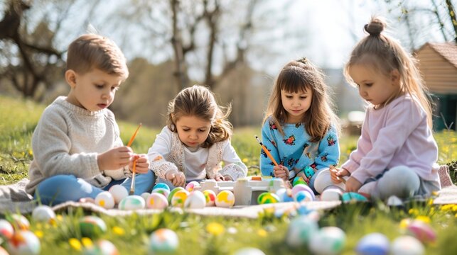  Group of children enjoying a festive Easter picnic in a beautiful park, sitting on colorful blankets and sharing laughter, the HD camera capturing their shared moments of joy and togetherness