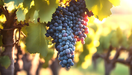 Fototapeta premium Fruit farm with grapes trees, Branch with natural grapes on blurred background of grapes orchard in golden hour