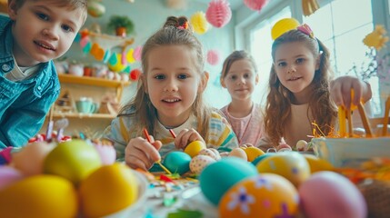 Fototapeta na wymiar Group of kids gathered around a festive Easter table, excitedly decorating eggs with vibrant colors and patterns, the HD camera capturing their creative expressions and joyful camaraderie
