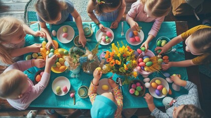 Group of kids gathered around a festive Easter table, excitedly decorating eggs with vibrant colors and patterns, the HD camera capturing their creative expressions and joyful camaraderie - obrazy, fototapety, plakaty