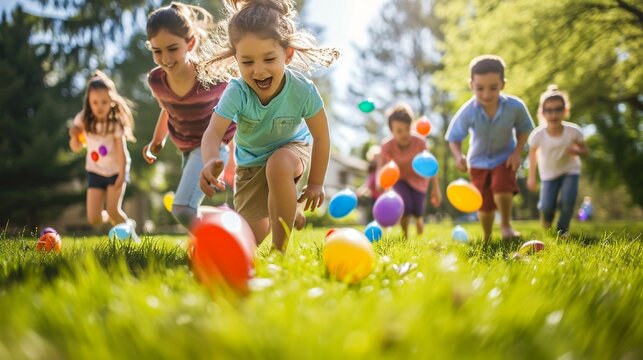 Kids participating in an egg-and-spoon race during an Easter celebration