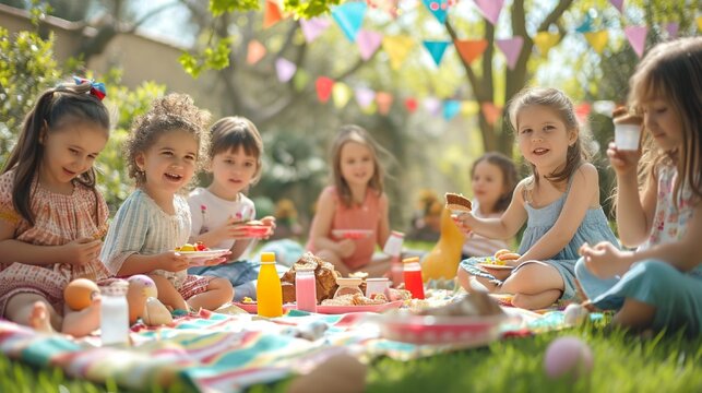  Group of children enjoying a festive Easter picnic in a beautiful park, sitting on colorful blankets and sharing laughter, the HD camera capturing their shared moments of joy and togetherness