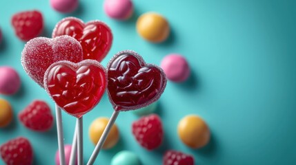  a couple of heart shaped lollipops sitting on top of a blue table next to other candies.