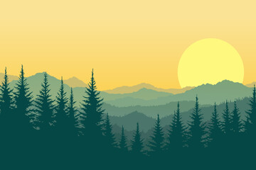 Beautiful vector landscape of forest and mountains silhouettes at sunrise or sunset. Natural landscape of mountains and wild forest in haze or fog for poster, design or print. - obrazy, fototapety, plakaty